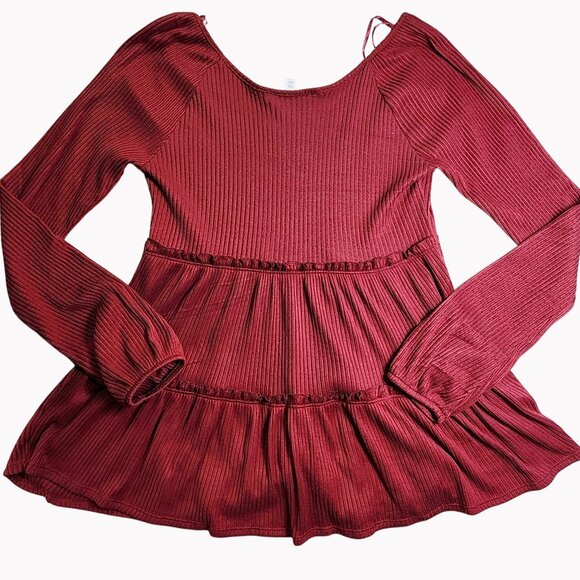 Lauren Conrad Womens Size XS Burgundy Long Sleeve Tiered Peplum Top Very Soft - Picture 5 of 7